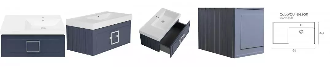 Тумба с раковиной «La Fenice» Cubo 90 (Cubo 90 правая) подвесная Blu Grigio ручки Bianco