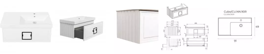 Тумба с раковиной «La Fenice» Cubo 90 (Cubo 90 правая) подвесная Bianca ручки Nero