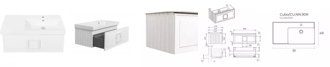 Тумба с раковиной «La Fenice» Cubo 90 (Cubo 90 правая) подвесная Bianca ручки Bianco