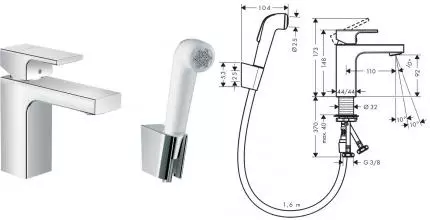 Смеситель для раковины с гигиеническим душем «Hansgrohe» Vernis Shape 71216000 хром