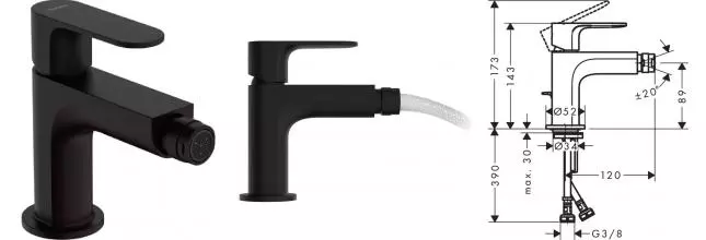 Смеситель для биде «Hansgrohe» Rebris S 72212000 с донным клапаном чёрный матовый Смеситель для биде «Hansgrohe» Rebris S 72212000 с донным клапаном чёрный матовый