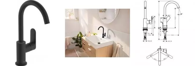 Смеситель для раковины «Hansgrohe» Rebris S 72536670 с донным клапаном чёрный матовый Смеситель для раковины «Hansgrohe» Rebris S 72536670 с донным клапаном чёрный матовый