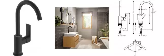 Смеситель для раковины «Hansgrohe» Rebris E 72576670 с донным клапаном чёрный матовый