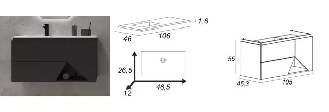 Тумба с раковиной «Cezares» Collection 1973 105 (106/46) подвесная Grigio nuvola правая