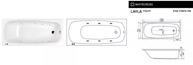 Гидромассажная ванна акриловая «Whitecross» Layla 170/75 Soft с каркасом с сифоном белая/золото