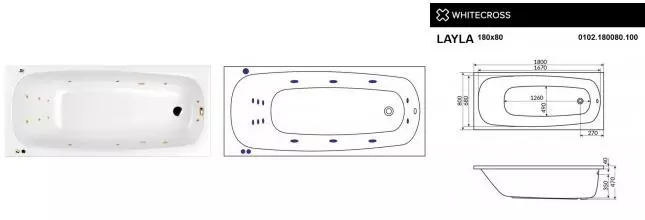 Гидромассажная ванна акриловая «Whitecross» Layla 180/80 Smart с каркасом с сифоном белая/золото
