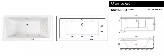 Гидромассажная ванна акриловая «Whitecross» Savia Duo 170/80 Line с каркасом с сифоном белая/золото