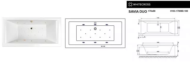 Гидромассажная ванна акриловая «Whitecross» Savia Duo 170/80 Relax с каркасом с сифоном белая/золото