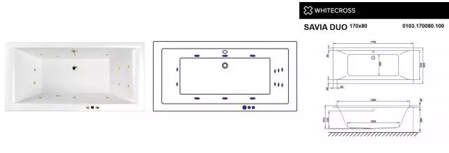 Гидромассажная ванна акриловая «Whitecross» Savia Duo 170/80 Smart с каркасом с сифоном белая/золото