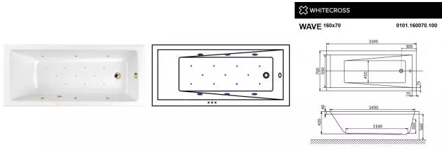 Гидромассажная ванна акриловая «Whitecross» Wave 160/70 Relax с каркасом с сифоном белая/золото