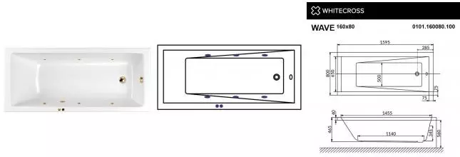 Гидромассажная ванна акриловая «Whitecross» Wave 160/80 Soft с каркасом с сифоном белая/золото