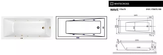 Гидромассажная ванна акриловая «Whitecross» Wave 170/75 Soft с каркасом с сифоном белая/золото