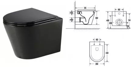 Подвесной унитаз безободковый «AQUAme» Rimless AQM2001MB черный матовый с сиденьем ультратонкое дюропласт с микролифтом чёрное