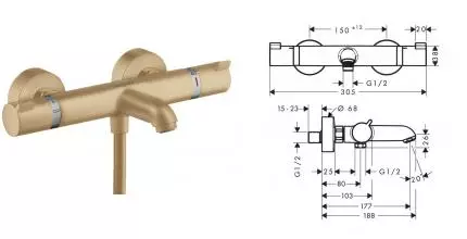 Смеситель для ванны «Hansgrohe» Ecostat Comfort 13114140 с термостатом шлифованная бронза