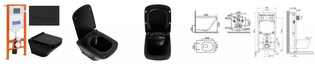 Комплект инсталляция с унитазом, крышкой и кнопкой смыва «Belbagno» Sela BB3201CHR-MB/BB3201SC-MB/BB002-80/BB007-PR-NERO.M безободковый черный