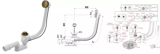 Сифон для ванны слив-перелив «AlcaPlast» A55K ANTIC-RU-01 перелив 60 см бронза полуавтомат