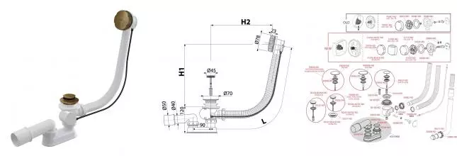 Сифон для ванны слив-перелив «AlcaPlast» A55K ANTIC-80-RU-01 перелив 80 см бронза полуавтомат