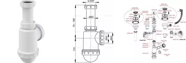 Сифон для раковины «AlcaPlast» AG210722154 (аналогA443-DN50/40) для подключения слива мойки или раковины белый