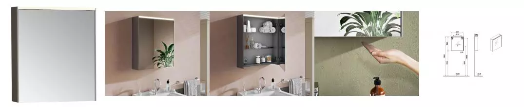 Зеркальный шкаф «Vitra» Core 60/70 с подсветкой антрацит глянцевый левый Зеркальный шкаф «Vitra» Core 60/70 с подсветкой антрацит глянцевый левый