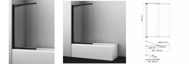 Шторка на ванну стеклянная «WasserKRAFT» Dill 61S02-100 Fixed 100/140 прозрачная/чёрная универсальная