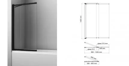 Шторка на ванну стеклянная «WasserKRAFT» Dill 61S02-100WS Fixed 100/140 WasserSchutz прозрачная/чёрная универсальная