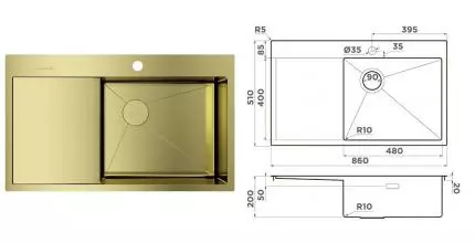 Мойка для кухни «Omoikiri» Akisame 86-LG-R Side 86/51 нержавеющая сталь светлое золото правая