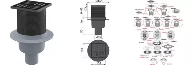 Трап для душа «AlcaPlast» APV32 105/50 APV32BLACK вертикальный выпуск чёрный 