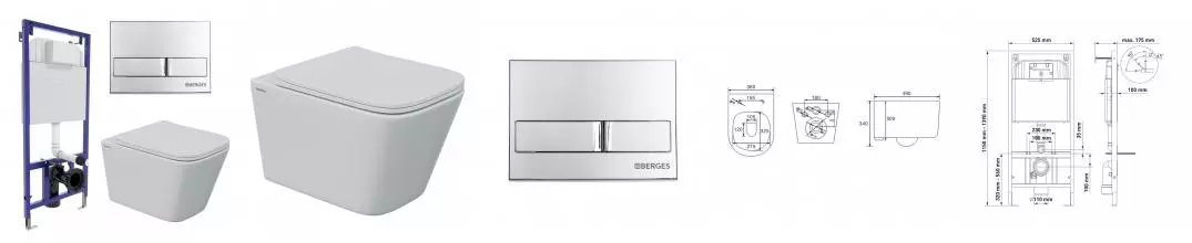 Комплект инсталляция с унитазом, крышкой и кнопкой смыва «Berges Wasserhaus» 043242  Novum525/Floe S Rimless/Floe S Slim SO/кнопка L3 безободковый белый