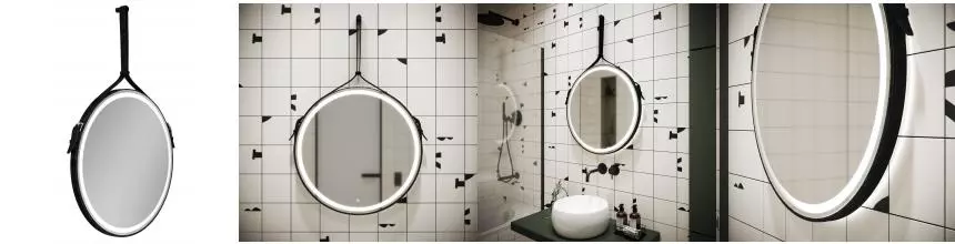 Зеркало «Sancos» Dames 65 с подсветкой на ремне из чёрной кожи Зеркало «Sancos» Dames 65 с подсветкой на ремне из чёрной кожи