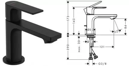Смеситель для раковины «Hansgrohe» Rebris E 72553670 с донным клапаном чёрный матовый Смеситель для раковины «Hansgrohe» Rebris E 72553670 с донным клапаном чёрный матовый