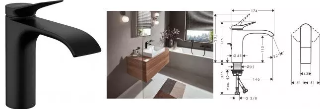 Смеситель для раковины «Hansgrohe» Vivenis 75020670 с донным клапаном чёрный матовый