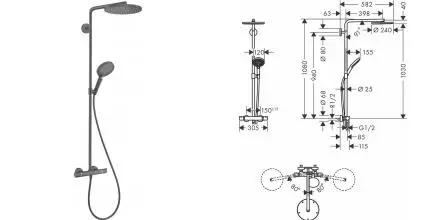 Душевая система «Hansgrohe» Raindance Select S Showerpipe 240 1jet PowderRain 27633340 с термостатом шлифованный чёрный хром