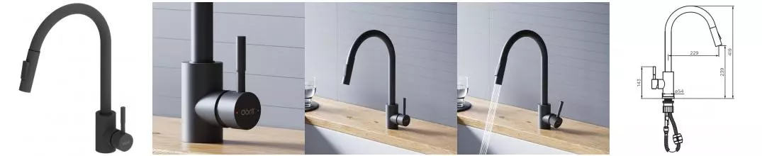 Смеситель для кухонной мойки «Dorff» Logic D3007522 с выдвижным изливом чёрный матовый Смеситель для кухонной мойки «Dorff» Logic D3007522 с выдвижным изливом чёрный матовый