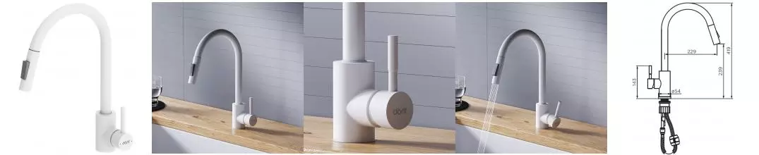 Смеситель для кухонной мойки «Dorff» Logic D3007533 с выдвижным изливом белый матовый