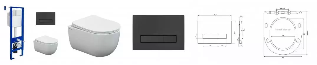 Комплект инсталляция с унитазом, крышкой и кнопкой смыва «Berges Wasserhaus» Atom Line 410/Ventas/кнопка чёрная SoftTouch 043306 безободковый белый