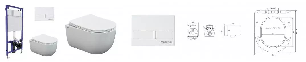 Комплект инсталляция с унитазом, крышкой и кнопкой смыва «Berges Wasserhaus» Novum 525/Ventas Rimless/кнопка L1 белый 043308 безободковый белый
