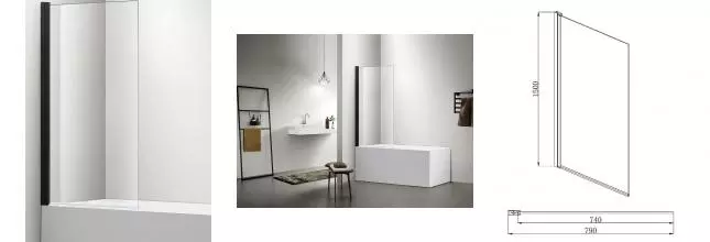 Шторка на ванну стеклянная «Акватек» 08015BL 80/150 прозрачная/чёрная универсальная