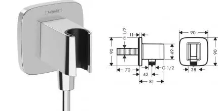 Подключение для душевого шланга «Hansgrohe» FixFit Q 26887000 с держателем для лейки хром Подключение для душевого шланга «Hansgrohe» FixFit Q 26887000 с держателем для лейки хром