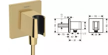 Подключение для душевого шланга «Hansgrohe» FixFit E 26889990 с держателем для лейки полированное золото Подключение для душевого шланга «Hansgrohe» FixFit E 26889990 с держателем для лейки полированное золото
