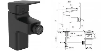 Смеситель для биде «Ideal Standard» Ceraplan BD248XG с донным клапаном чёрный матовый