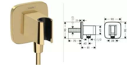 Подключение для душевого шланга «Hansgrohe» Fixfit Q 26887990 с держателем для лейки полированное золото Подключение для душевого шланга «Hansgrohe» Fixfit Q 26887990 с держателем для лейки полированное золото