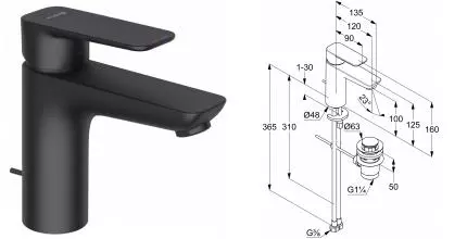 Смеситель для раковины «Kludi» Pure&Style 402903975 с донным клапаном чёрный матовый