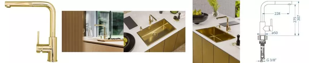 Смеситель для кухонной мойки «Alveus» Zeos-P Monarch 1136501 с выдвижным изливом gold Смеситель для кухонной мойки «Alveus» Zeos-P Monarch 1136501 с выдвижным изливом gold
