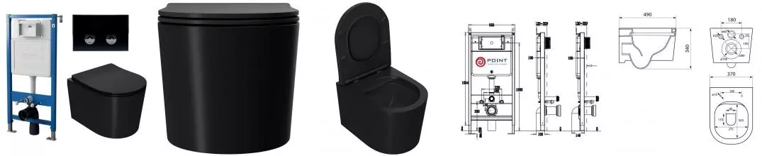 Комплект инсталляция с унитазом, крышкой и кнопкой смыва «Point» PN48186BC (инсталляция пневматическая PN45121/клавиша Венера/унитаз Веста PN41701BM) безободковый черный