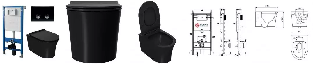 Комплект инсталляция с унитазом, крышкой и кнопкой смыва «Point» PN48190BC (инсталляция пневматическая PN45121/клавиша Венера/унитаз Вега) безободковый черный