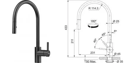 Смеситель для кухонной мойки «Franke» Eos Neo Pull Down 115.0613.671 с выдвижным изливом чёрный Смеситель для кухонной мойки «Franke» Eos Neo Pull Down 115.0613.671 с выдвижным изливом чёрный