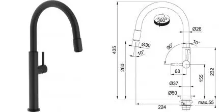 Смеситель для кухонной мойки «Franke» Pescara Up&Down 115.0545.135 чёрный матовый Смеситель для кухонной мойки «Franke» Pescara Up&Down 115.0545.135 чёрный матовый