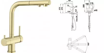 Смеситель для кухни с подключением к фильтру «Blanco» Fontas-S II 526694 с выдвижным изливом матовое золото Смеситель для кухни с подключением к фильтру «Blanco» Fontas-S II 526694 с выдвижным изливом матовое золото