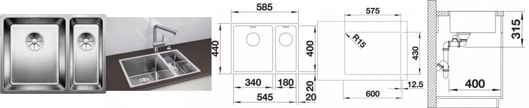 Мойка для кухни «Blanco» Andano 522975 340/180-IF 59/44 нержавеющая сталь левая