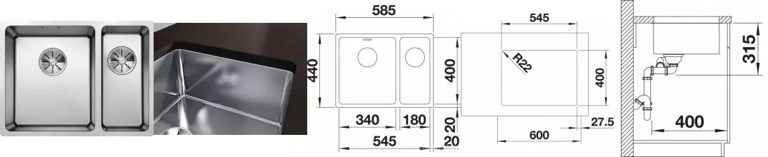 Мойка для кухни «Blanco» Andano 522979 340/180-U 59/44 нержавеющая сталь левая Мойка для кухни «Blanco» Andano 522979 340/180-U 59/44 нержавеющая сталь левая
